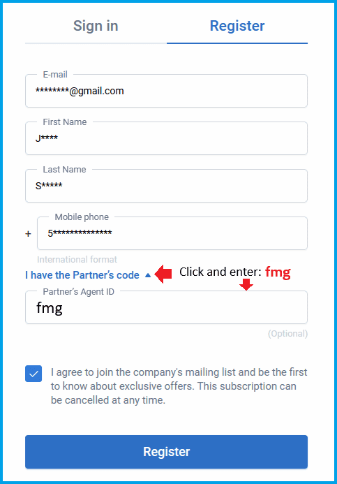Registration form